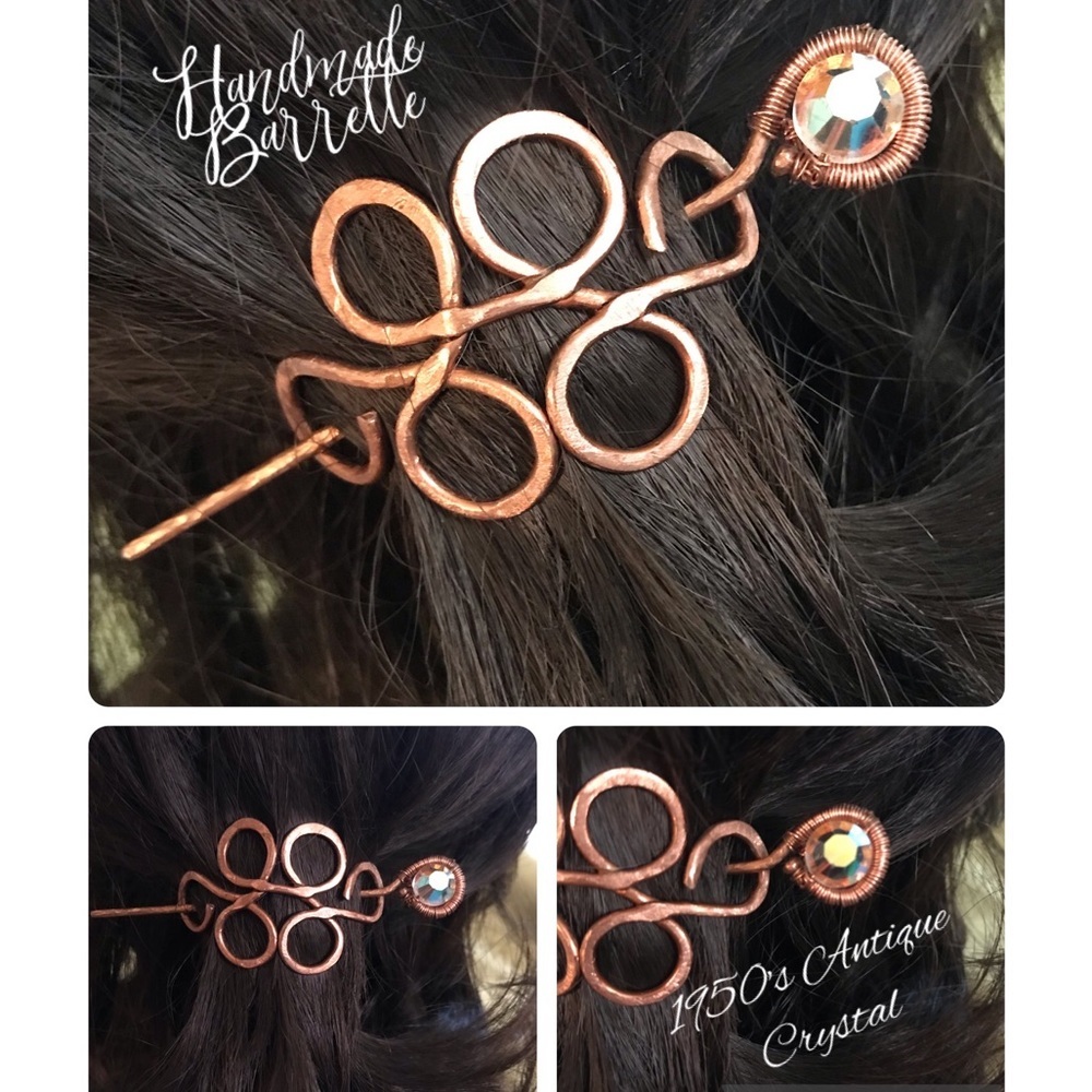 Barrette Handmade Wire wrapped in copper w/1950's Antique Crystal